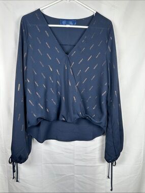 Blue Rain Crop Blouse Women’s Large Navy Blue Gold Tie Sleeves